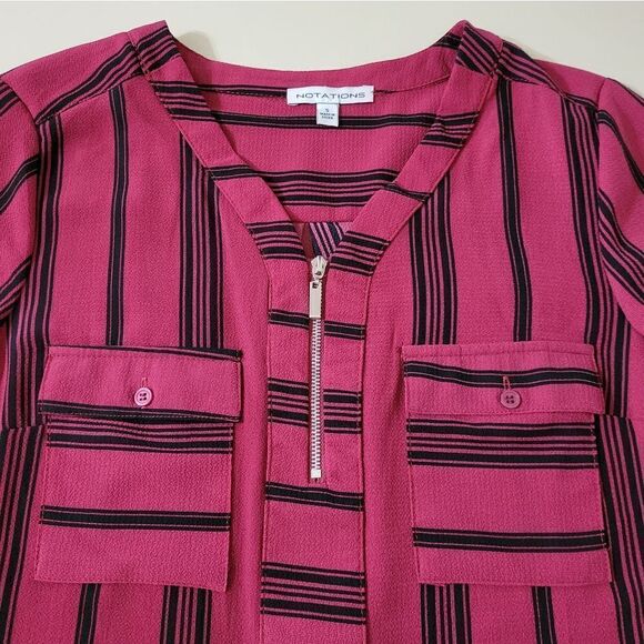 Notations Women's Red with Black Stripe Zip Front Long Sleeve Blouse - Picture 8 of 13